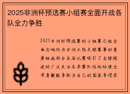 2025非洲杯预选赛小组赛全面开战各队全力争胜 2025非洲杯预选赛小组赛全面开战各队全力争胜
